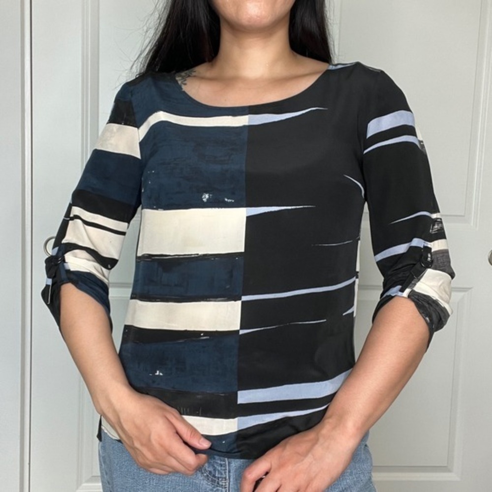 Akris Punto Silk Blouse Women M/L Black Blue Abstract Stripe 3/4 Sleeve Top